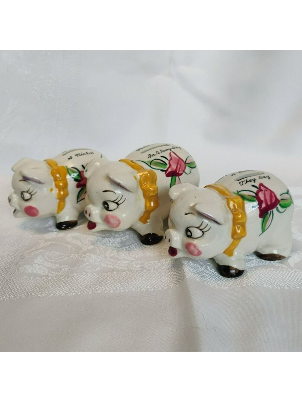 Vintage Ceramic Piggy Banks, Set Of 3, Mid-Century Japan, Anthropomorphic Floral
